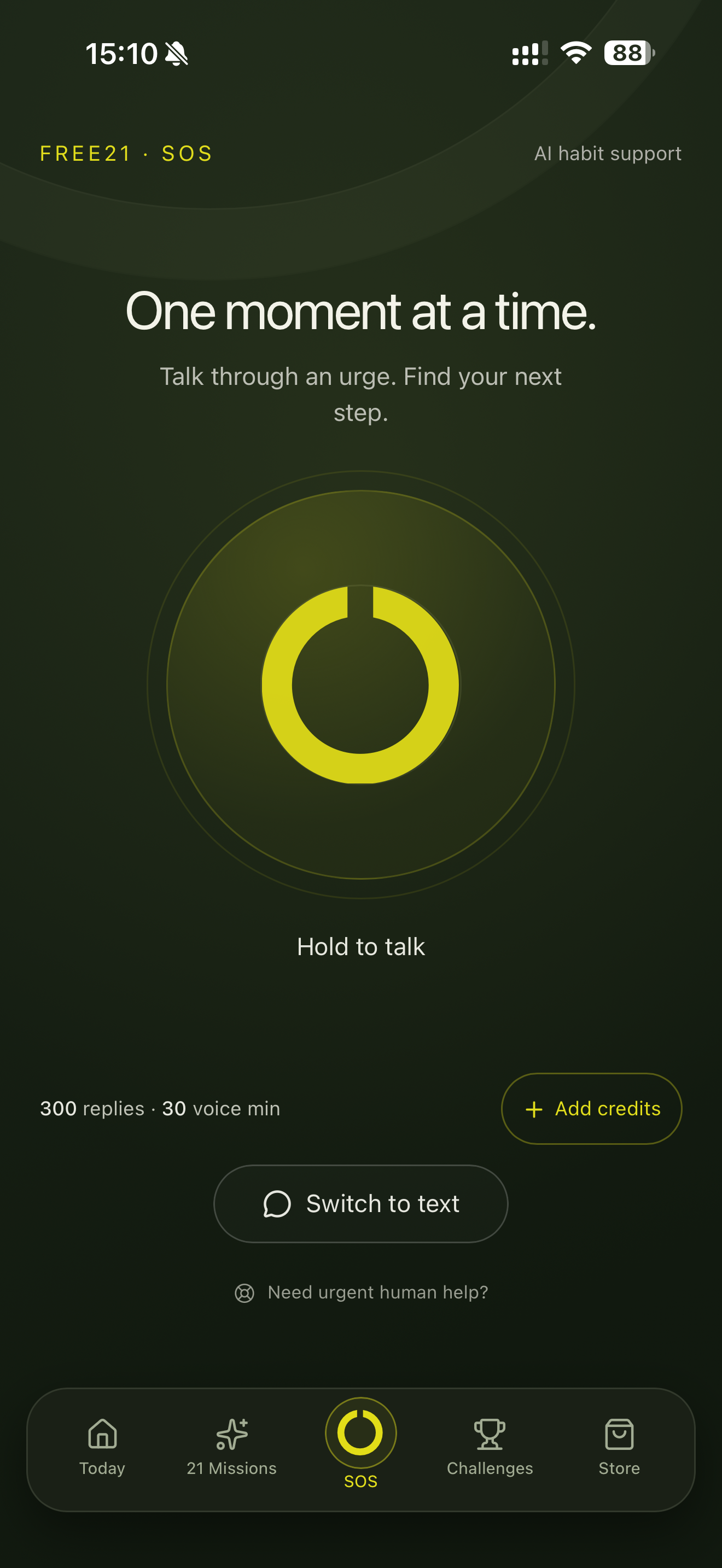FREE21 SOS screen with voice and text options for AI habit support