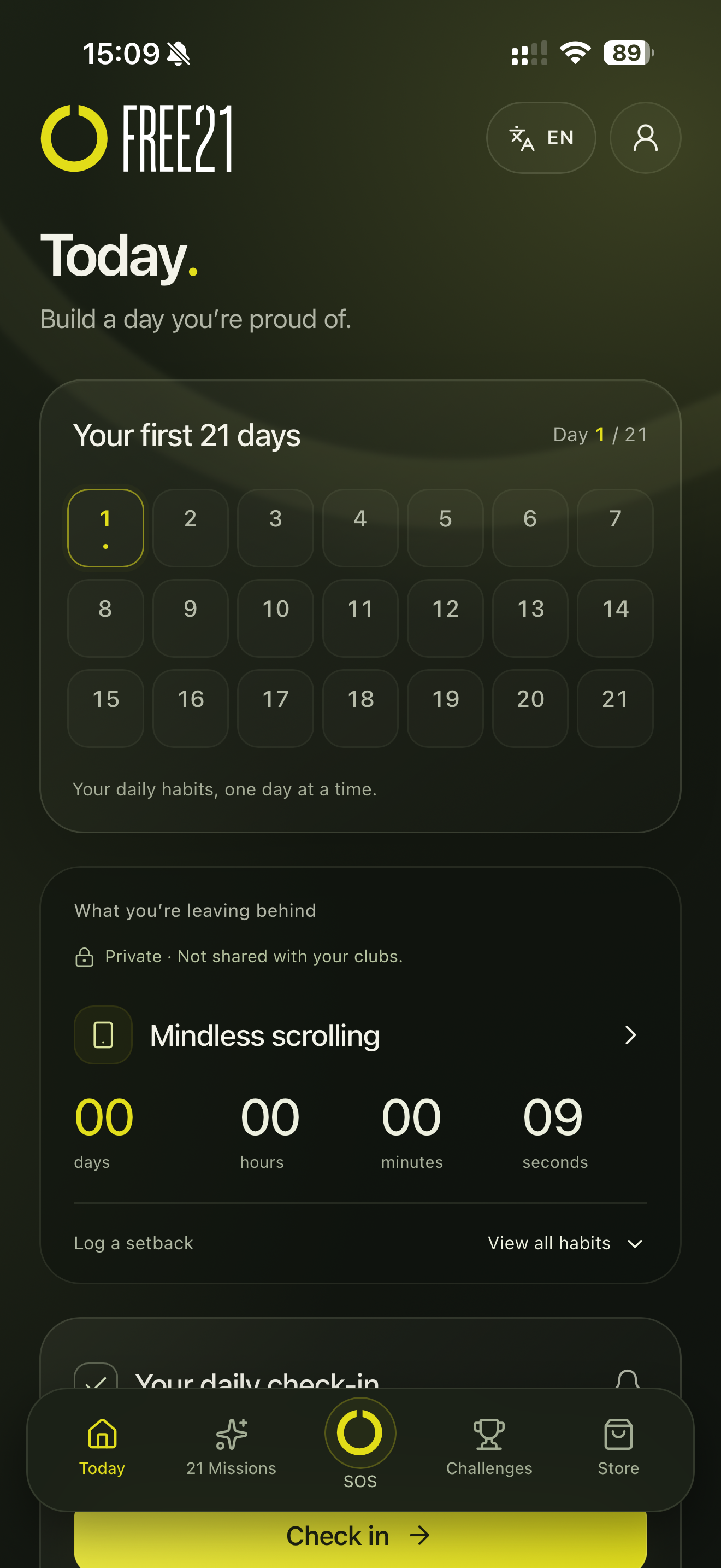 The FREE21 Today screen showing a 21-day calendar, private habit tracking and daily check-in